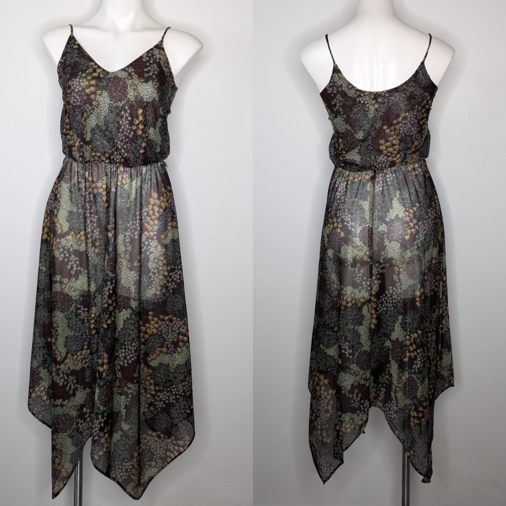 Vintage Ragtime neutral green yellow maroon sheer abstract floral dress S
